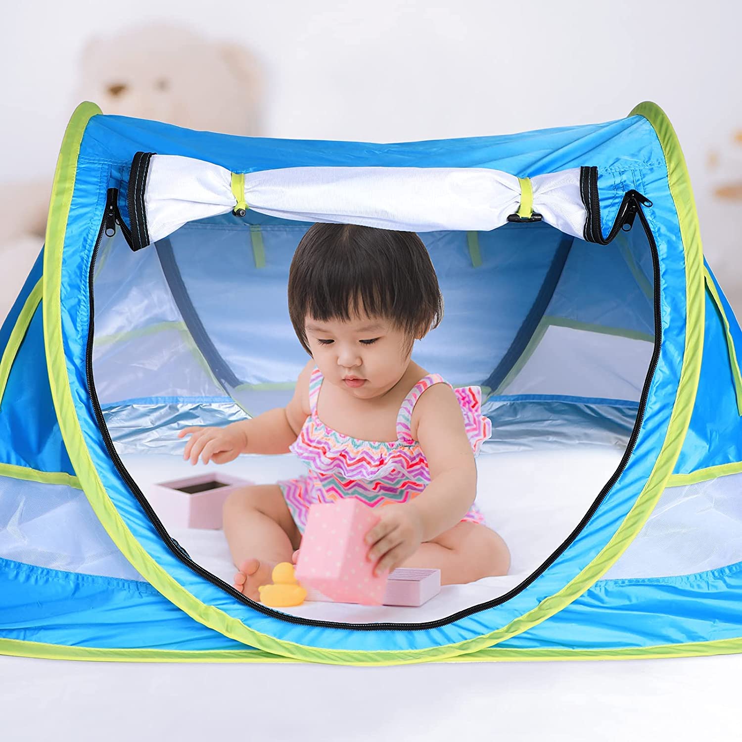 EAHTHNI Portable Baby Travel Bed Durable Beach Tent Sun Shelters with Moisture-Proof Protection for Infant from Sunburn 49 Inch 2 Pegs and Bag, Blue