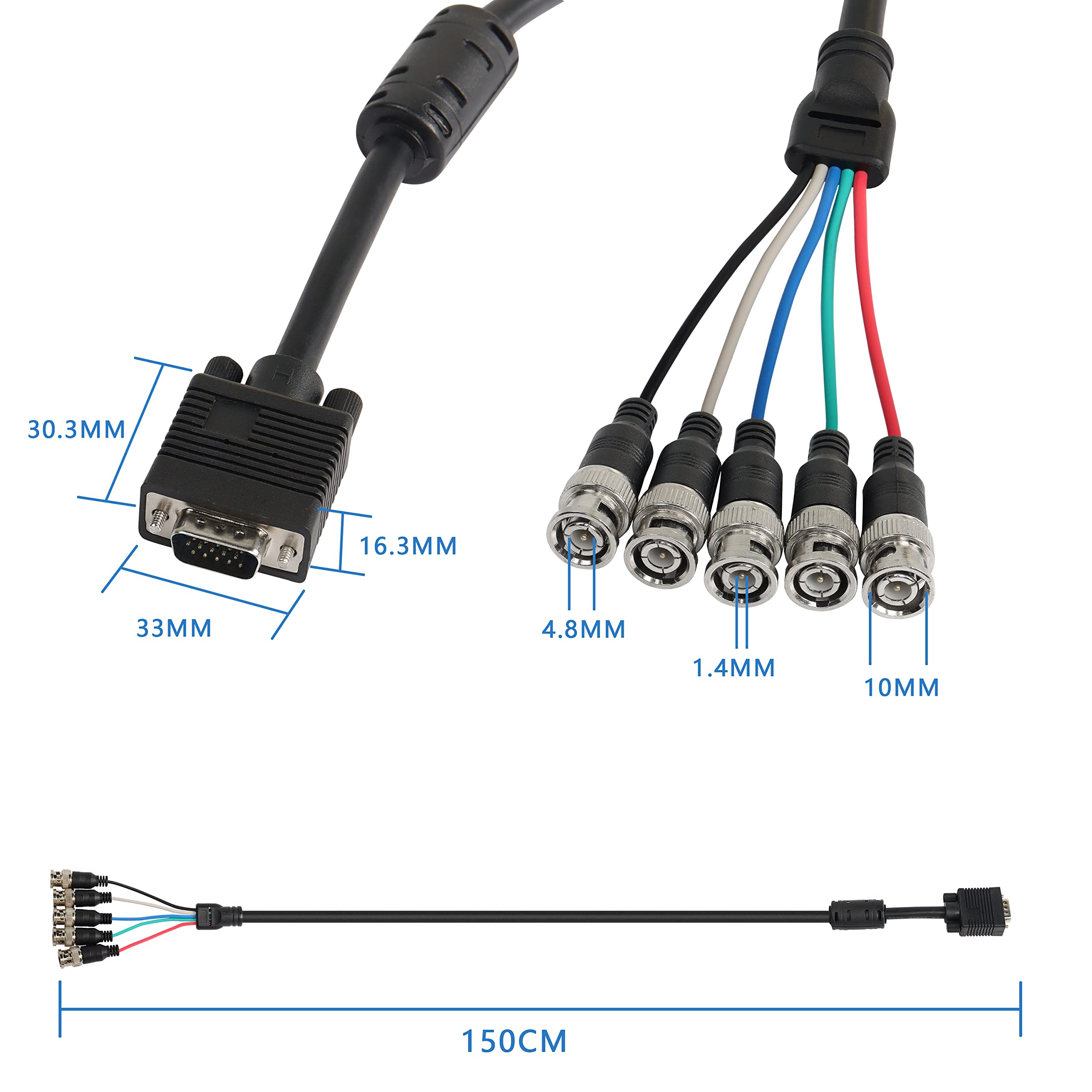 MEIRIYFA VGA to BNC Adapter Cable, HD15 VGA to 5 BNC RGBHV Male Coaxial High Resolution for HDTV Monitor Cable (Black)