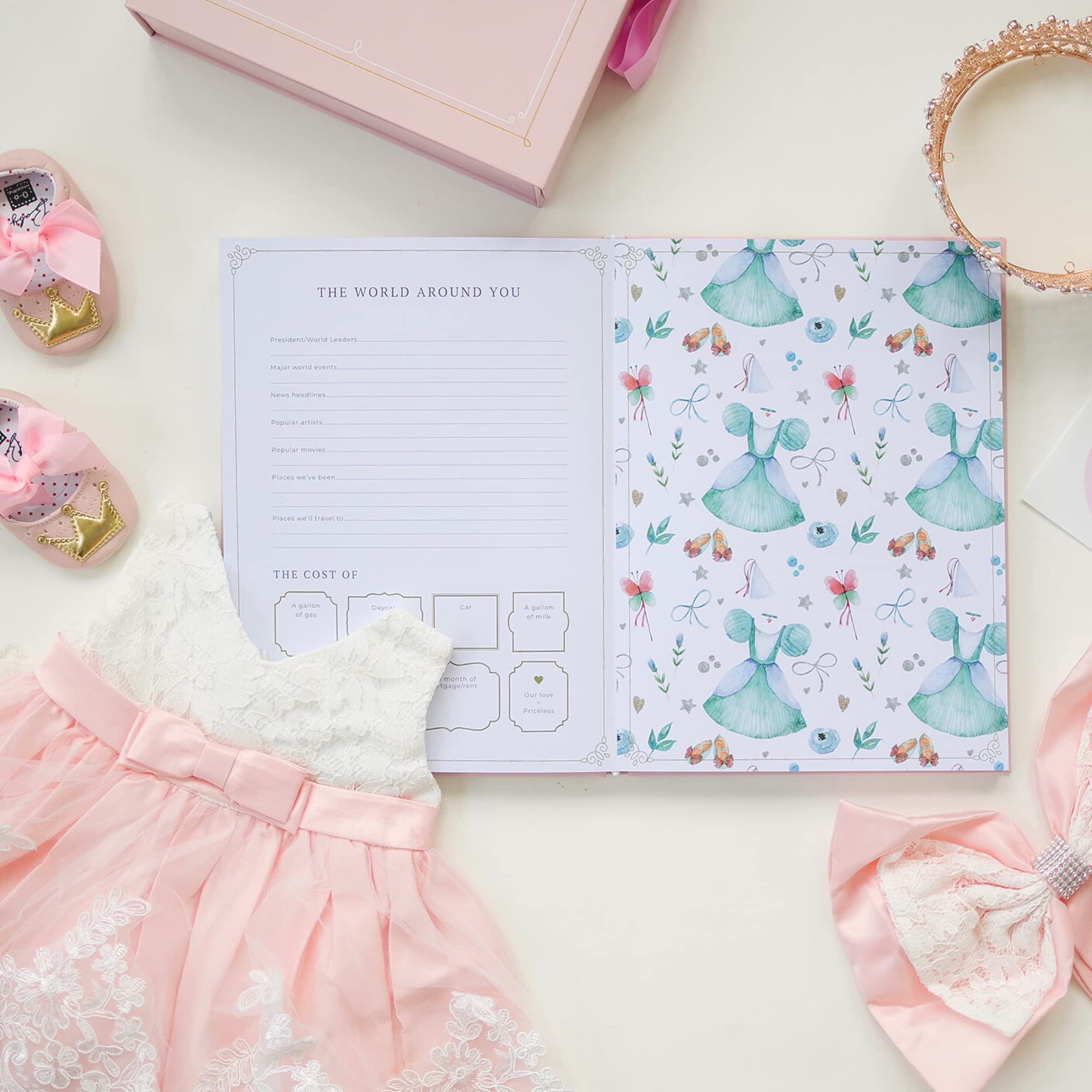 Rayne Baby Princess Baby Memory Book Kit. Baby Journal Scrapbook with Keepsake Box, Pouches and Boho Milestone Stickers. Girl Baby Album First Year to 5. Princess Baby Gift for Girl or Boy