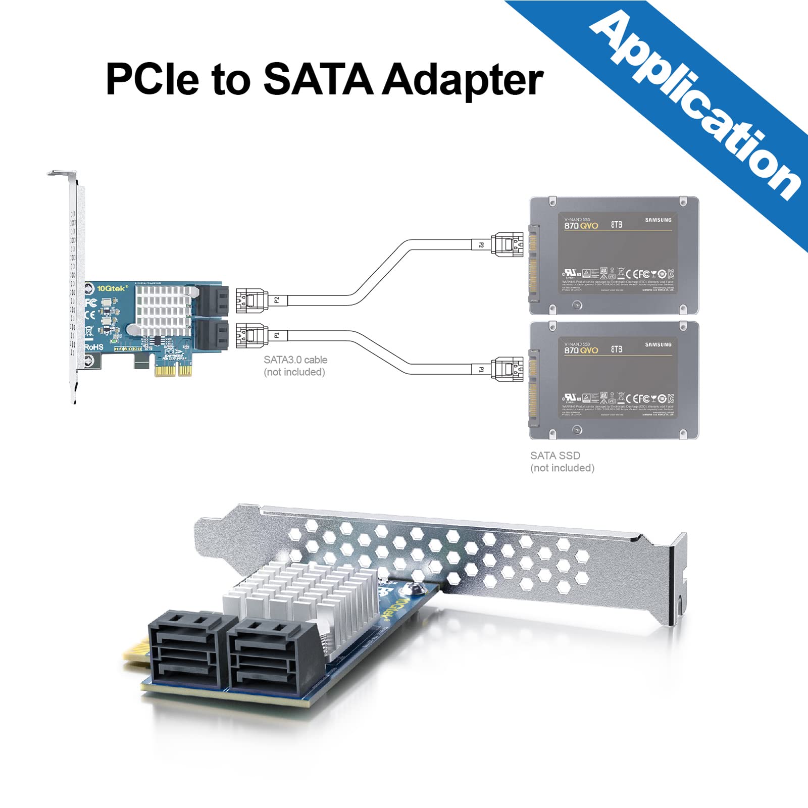 10Gtek PCIe SATA Card 4 Port with 4 SATA Cables and Low Profile Bracket, 6Gbps SATA3.0 Controller PCI Express Expansion Card, X1, Support 4 SATA 3.0 Devices