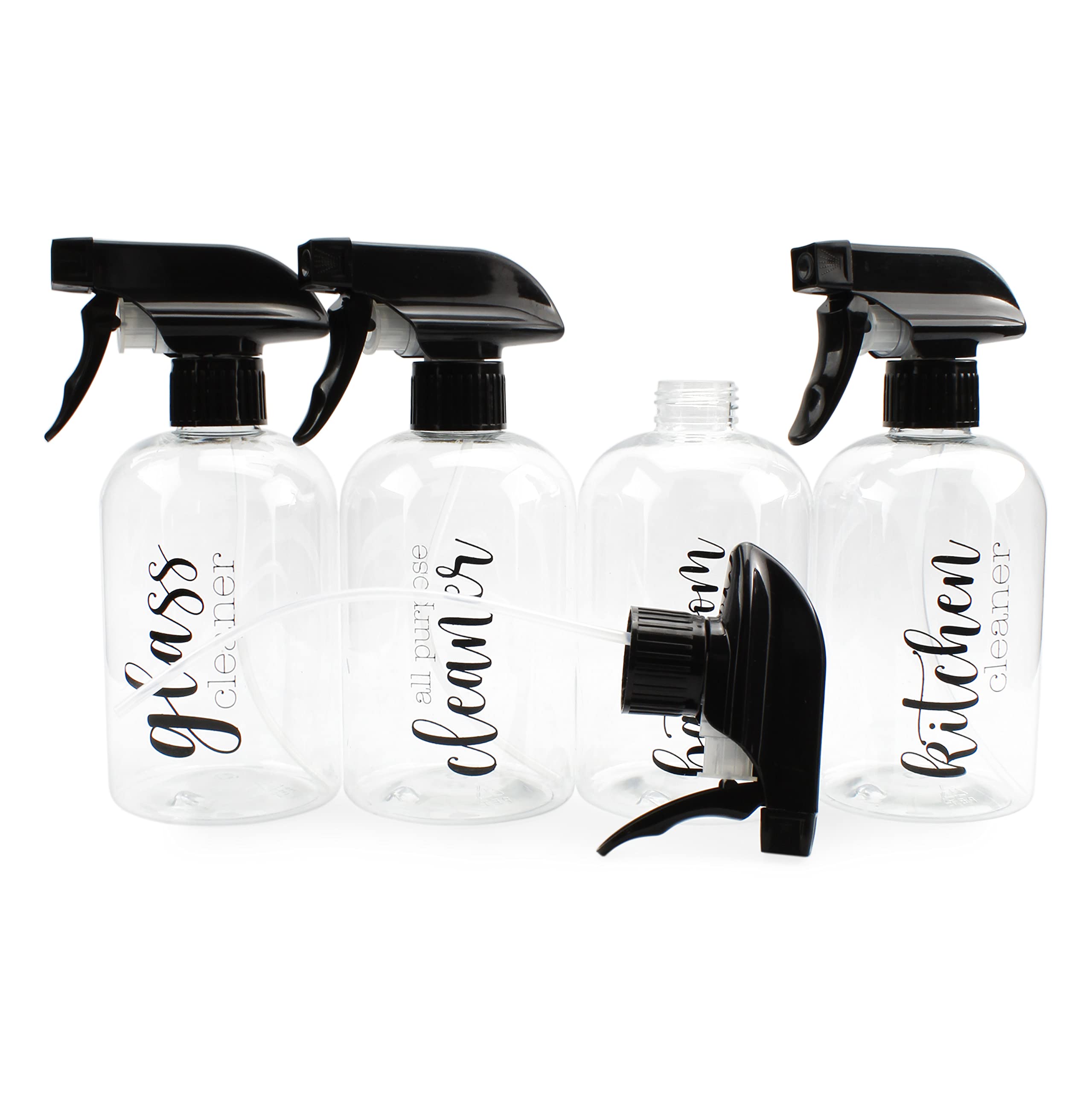 Cornucopia Plastic Cleaning Spray Bottles with Labels (Set of 4); 16oz Refillable Trigger Sprayers w/ 3 Settings and Farmhouse Script Labels