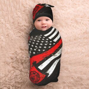 Ykklima Baby Newborn Swaddle Blanket with Beanie Hat- USA Thin Red Line Firefighter Axe Pattern Receiving Blanket Sleep Sack for Girls Boys Infant Gifts