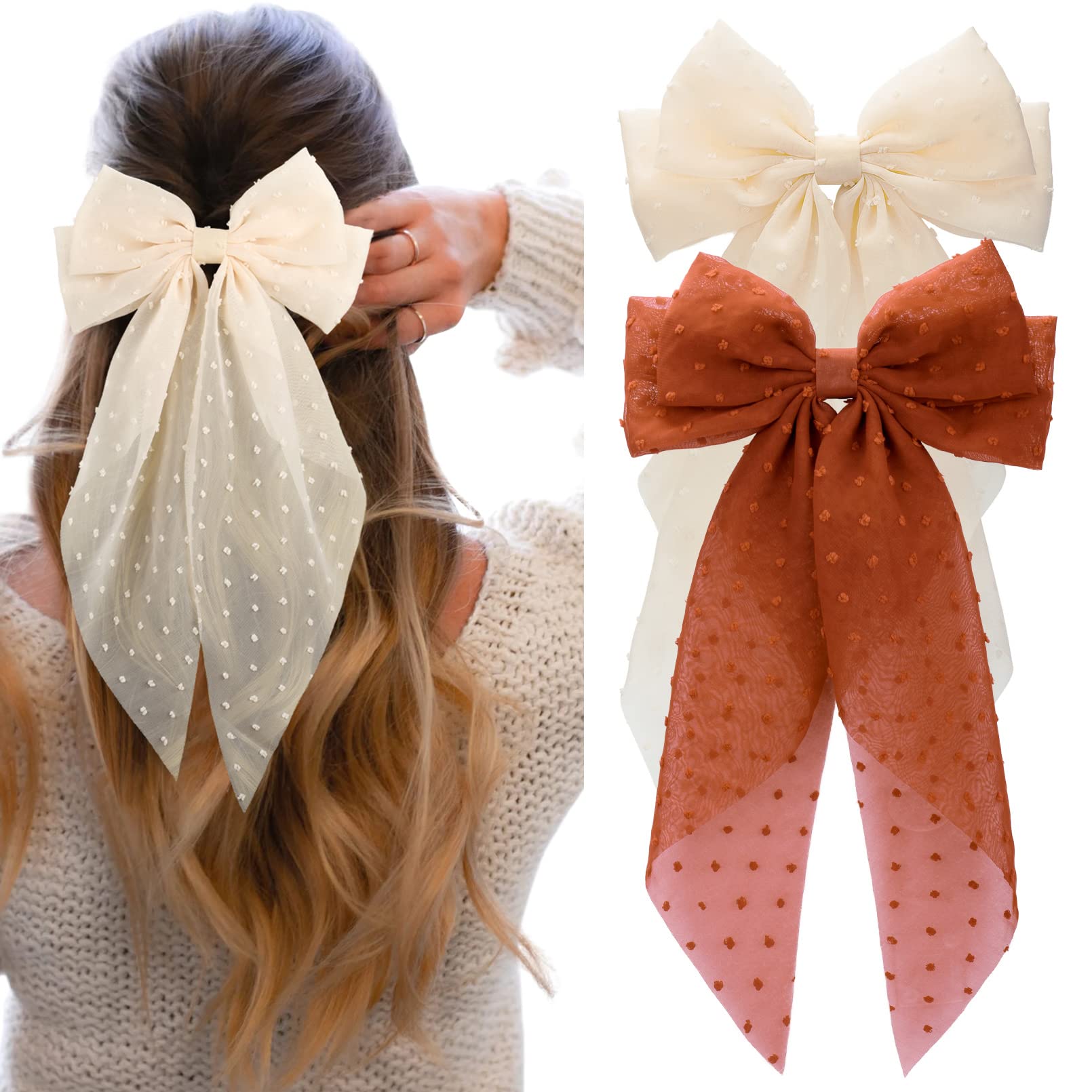 Large Hair Bows for Women,CEELGON 2PCS Big Bow Clips for Girls French Barrette Bowknot with Long Tail for Women(Coffee,Beige)