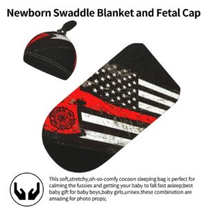 Ykklima Baby Newborn Swaddle Blanket with Beanie Hat- USA Thin Red Line Firefighter Axe Pattern Receiving Blanket Sleep Sack for Girls Boys Infant Gifts