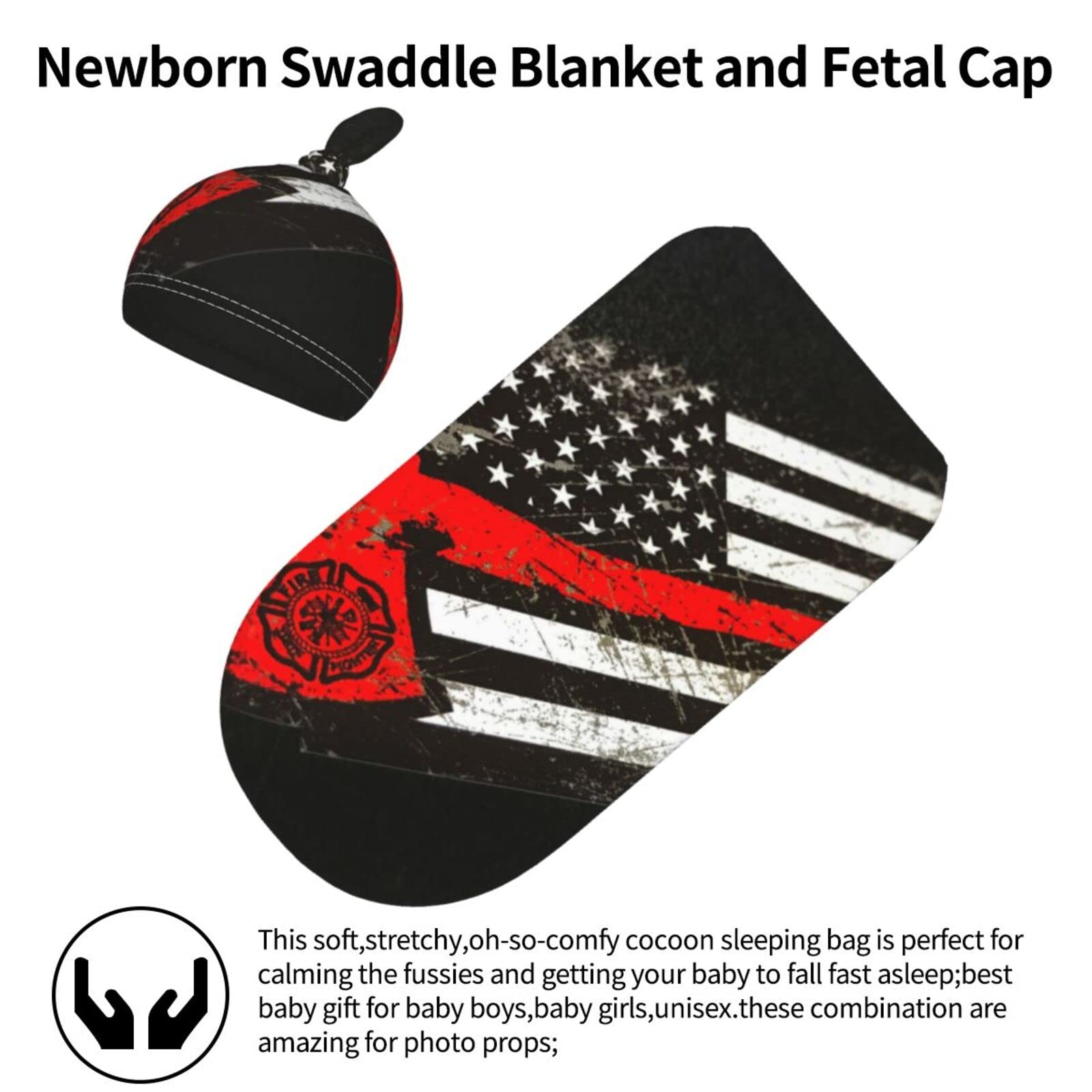 Ykklima Baby Newborn Swaddle Blanket with Beanie Hat- USA Thin Red Line Firefighter Axe Pattern Receiving Blanket Sleep Sack for Girls Boys Infant Gifts