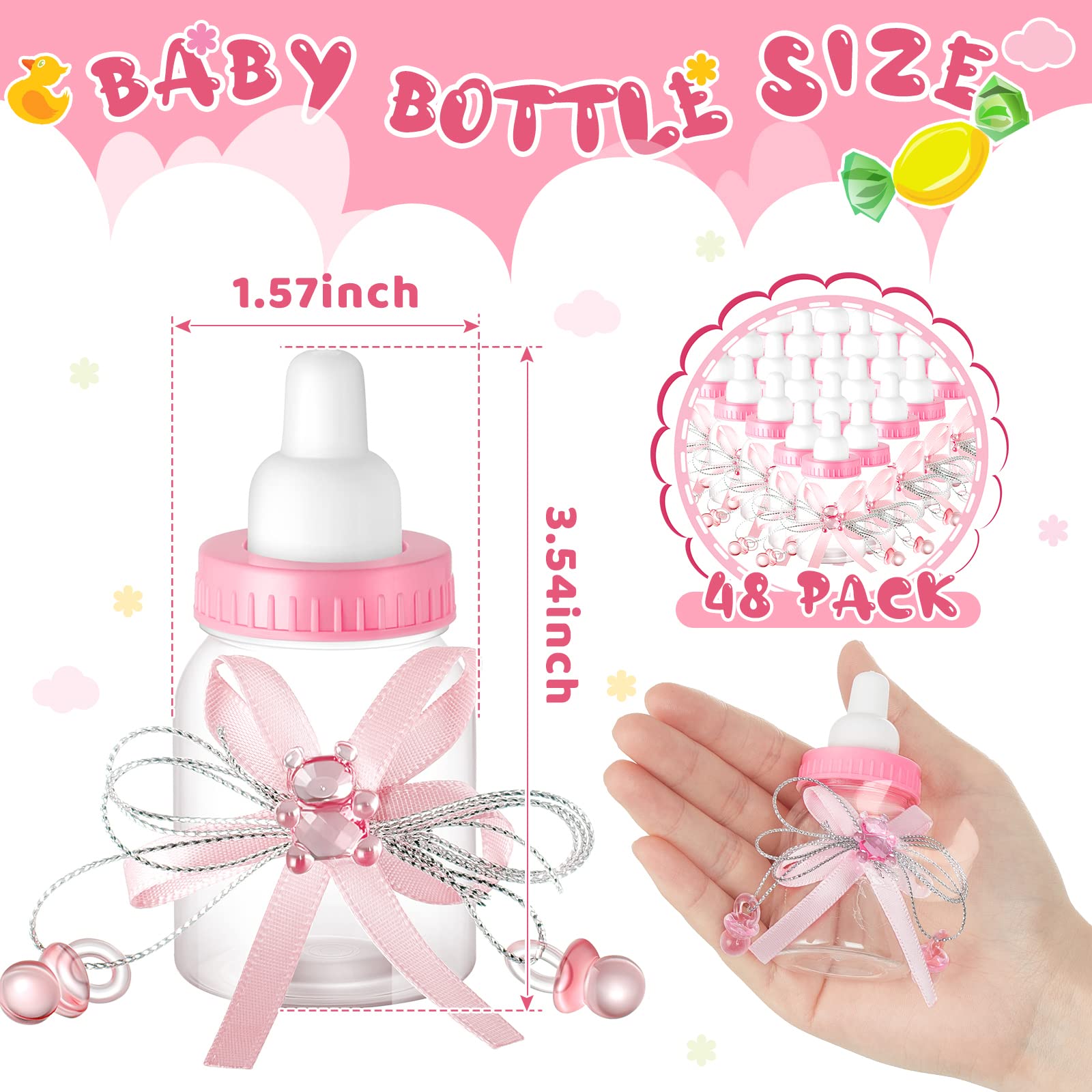 Nuenen 48 Pcs Baby Shower Bottles Baby Shower Mini Milk Bottle Baby Bottles Mini Baby Bottles for Baby Shower Plastic Bear Candy Bottles with Ribbon for Baby Shower Favor Gift(Pink)