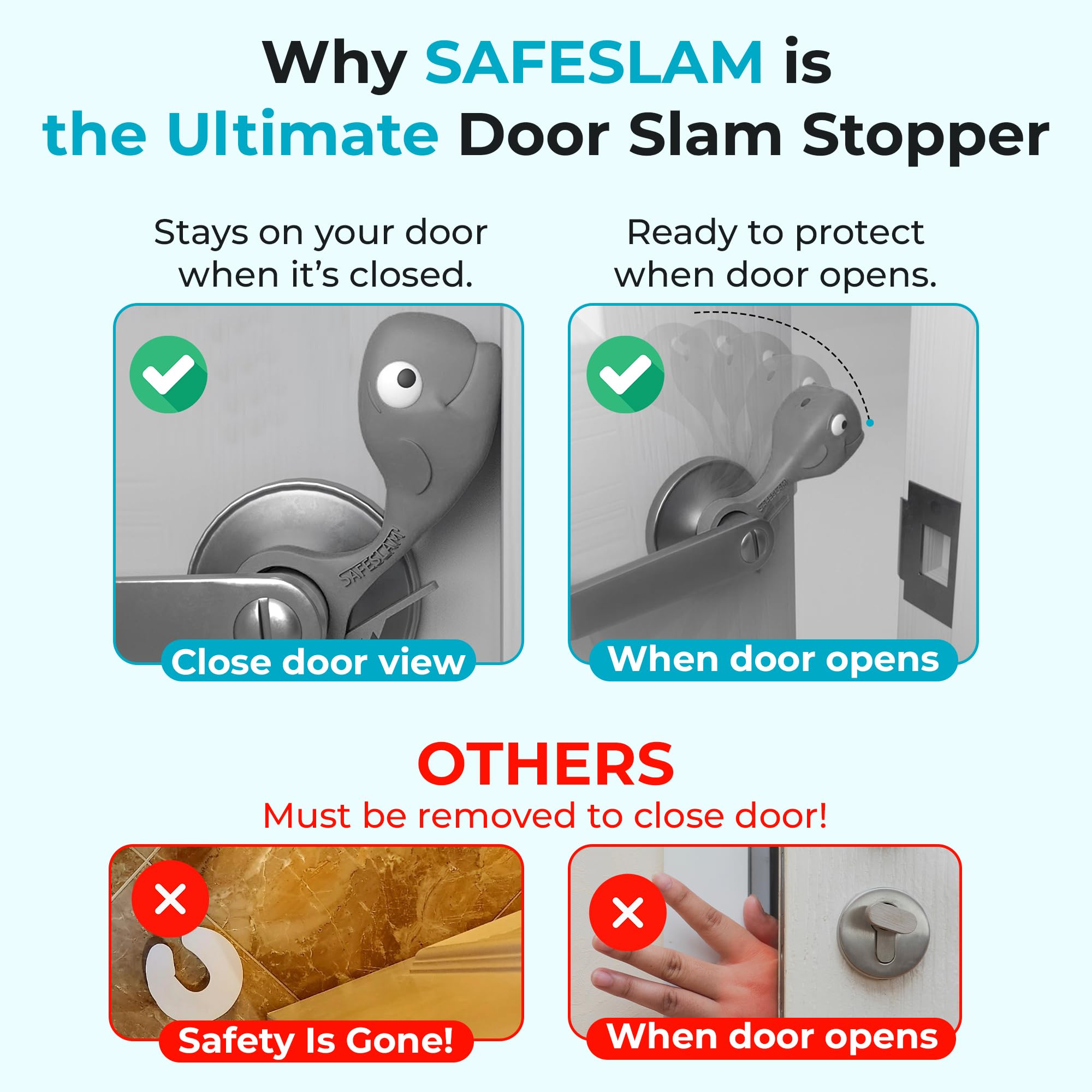 SAFESLAM Door Slam Preventer, Stays On Door Even When Closed, Protect Child Hands, Dog and Cat Tails. Doors Won’t Close Toddlers or Pets in Rooms, Kids and Adults Love Whale Pinch Guard (Grey)