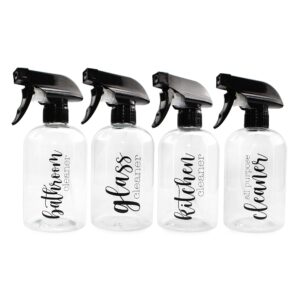 Cornucopia Plastic Cleaning Spray Bottles with Labels (Set of 4); 16oz Refillable Trigger Sprayers w/ 3 Settings and Farmhouse Script Labels