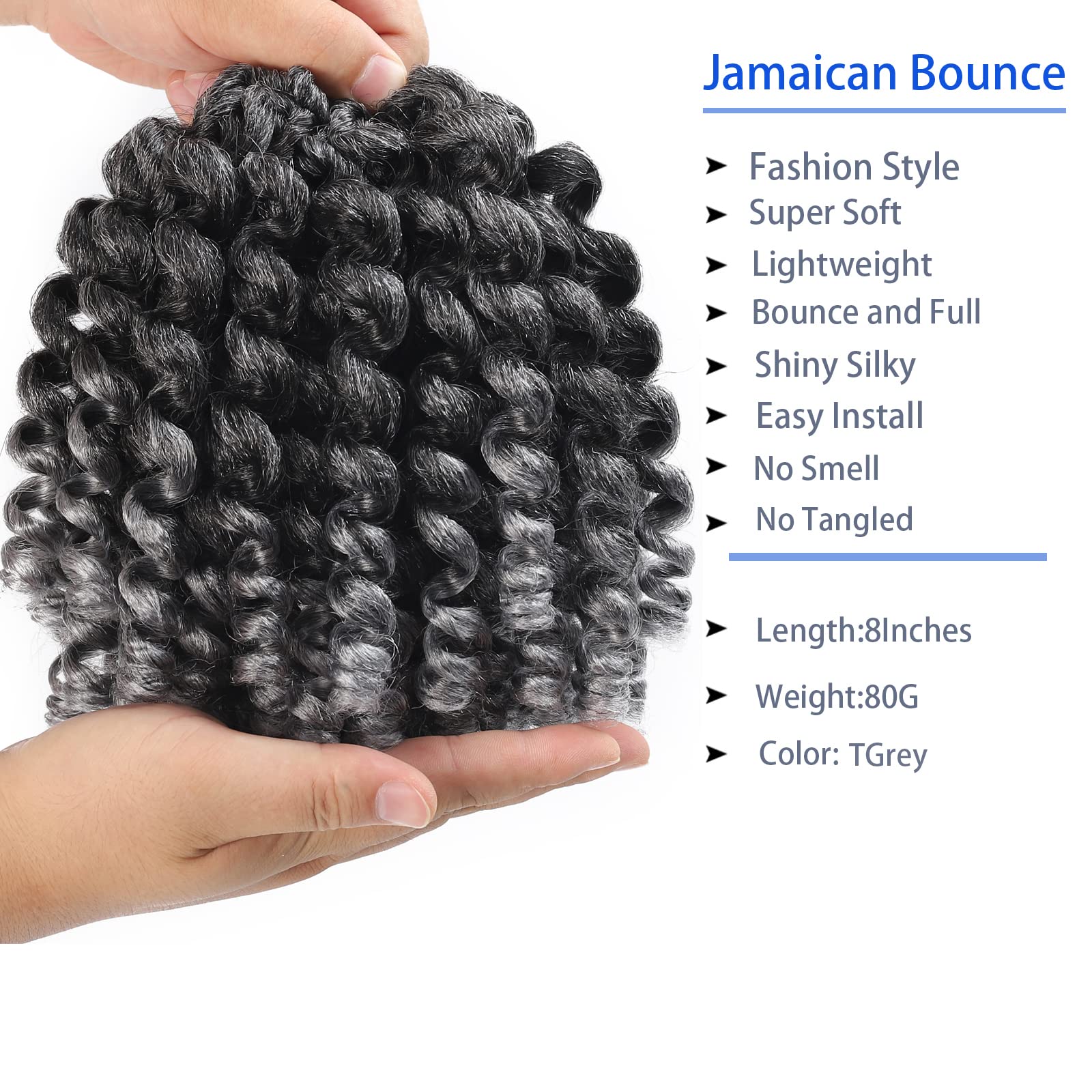 Jamaican Bounce Crochet Hair Extensions 8 inch Ringlet Wand Curl Crochet Hair Curly Pre Looped Crochet Braids Grey Crochet Braiding Hair 60 Roots (8Inch (Pack of 3), TGrey)