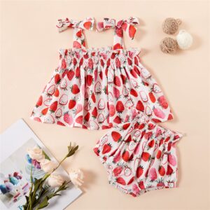 GRNSHTS Baby Girl Summer Shorts Set Strawberry Print Sling Ruffle Shirt Diaper Shorts 2Pcs Outfits (Strawberry, 0-6M)