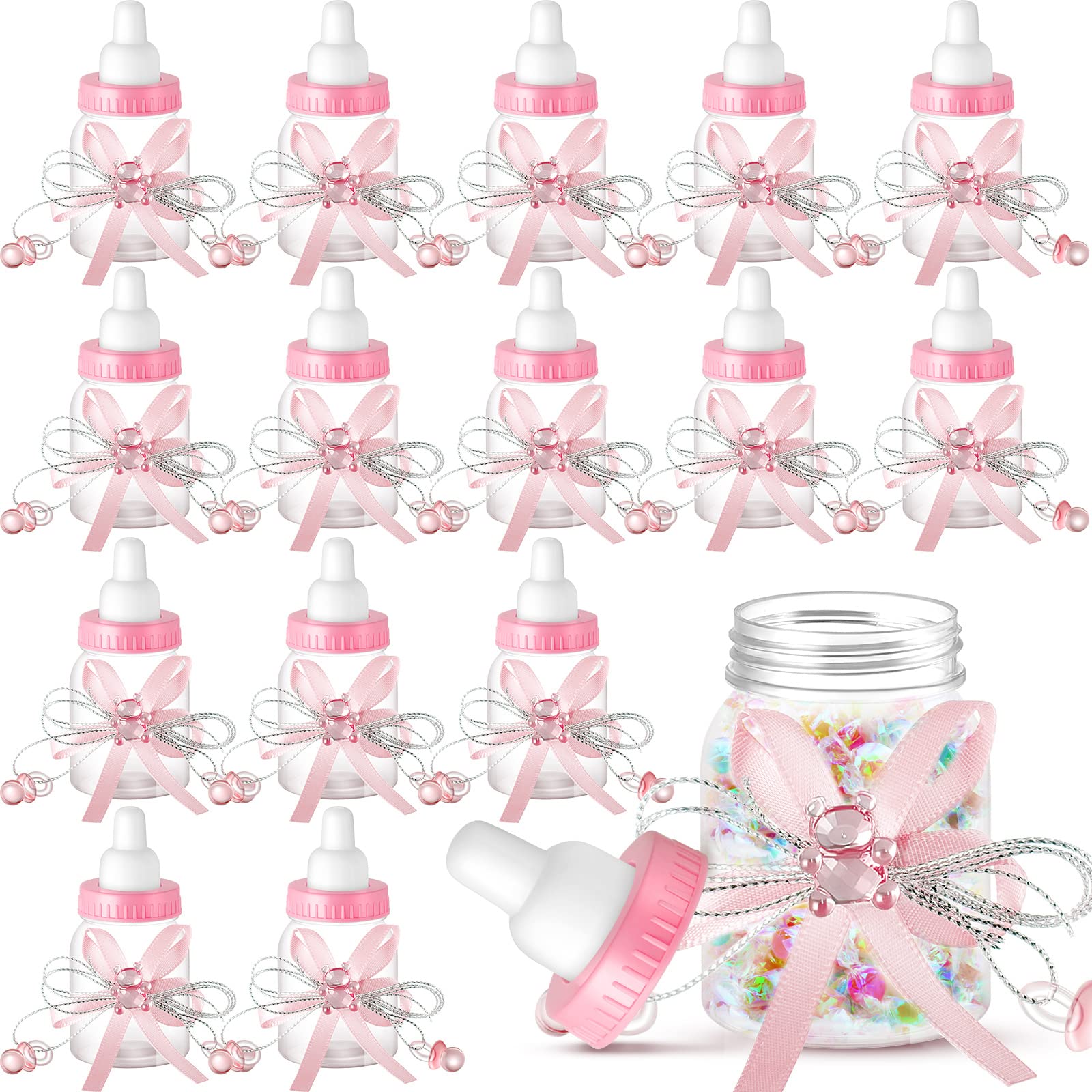 Nuenen 48 Pcs Baby Shower Bottles Baby Shower Mini Milk Bottle Baby Bottles Mini Baby Bottles for Baby Shower Plastic Bear Candy Bottles with Ribbon for Baby Shower Favor Gift(Pink)