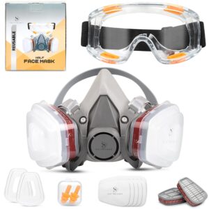 Reusable Painter Mask - Half Facepiece to Block Dust, Organic Vapors, Pollen, Paint Fumes, and Other Hazmat Air Particles - For Painting, Sanding and Other DIY - Anti Fog Goggles Included