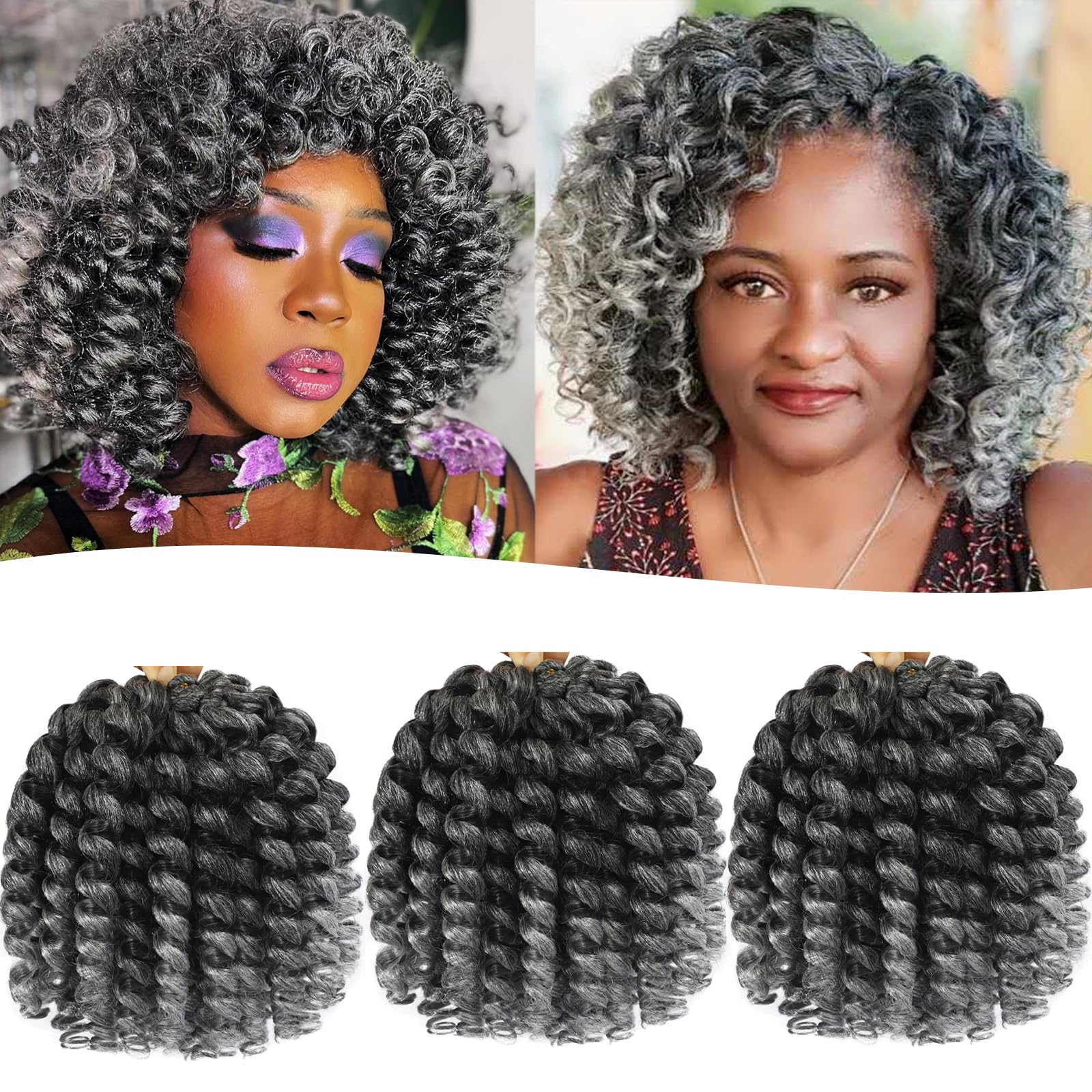 Jamaican Bounce Crochet Hair Extensions 8 inch Ringlet Wand Curl Crochet Hair Curly Pre Looped Crochet Braids Grey Crochet Braiding Hair 60 Roots (8Inch (Pack of 3), TGrey)