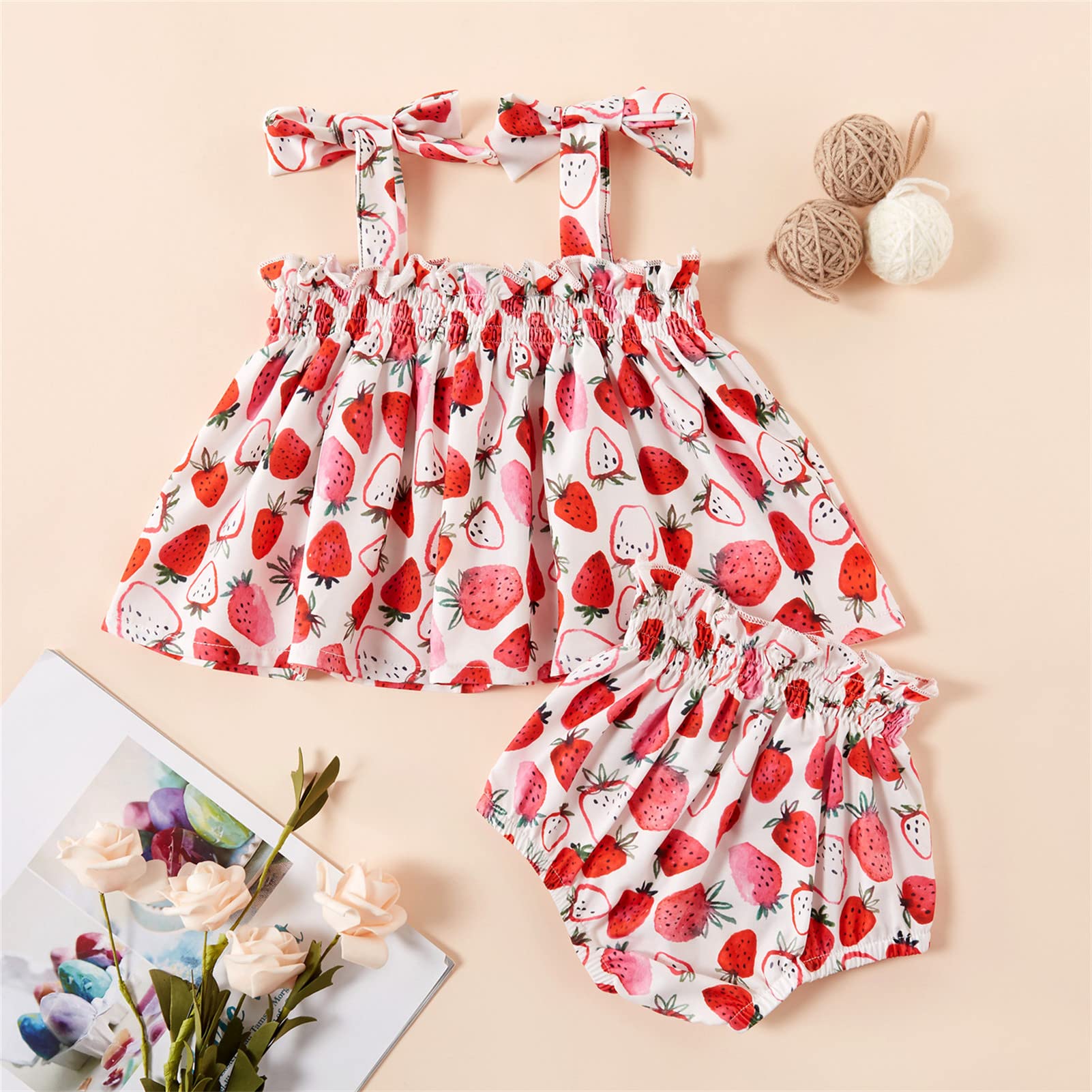 GRNSHTS Baby Girl Summer Shorts Set Strawberry Print Sling Ruffle Shirt Diaper Shorts 2Pcs Outfits (Strawberry, 0-6M)