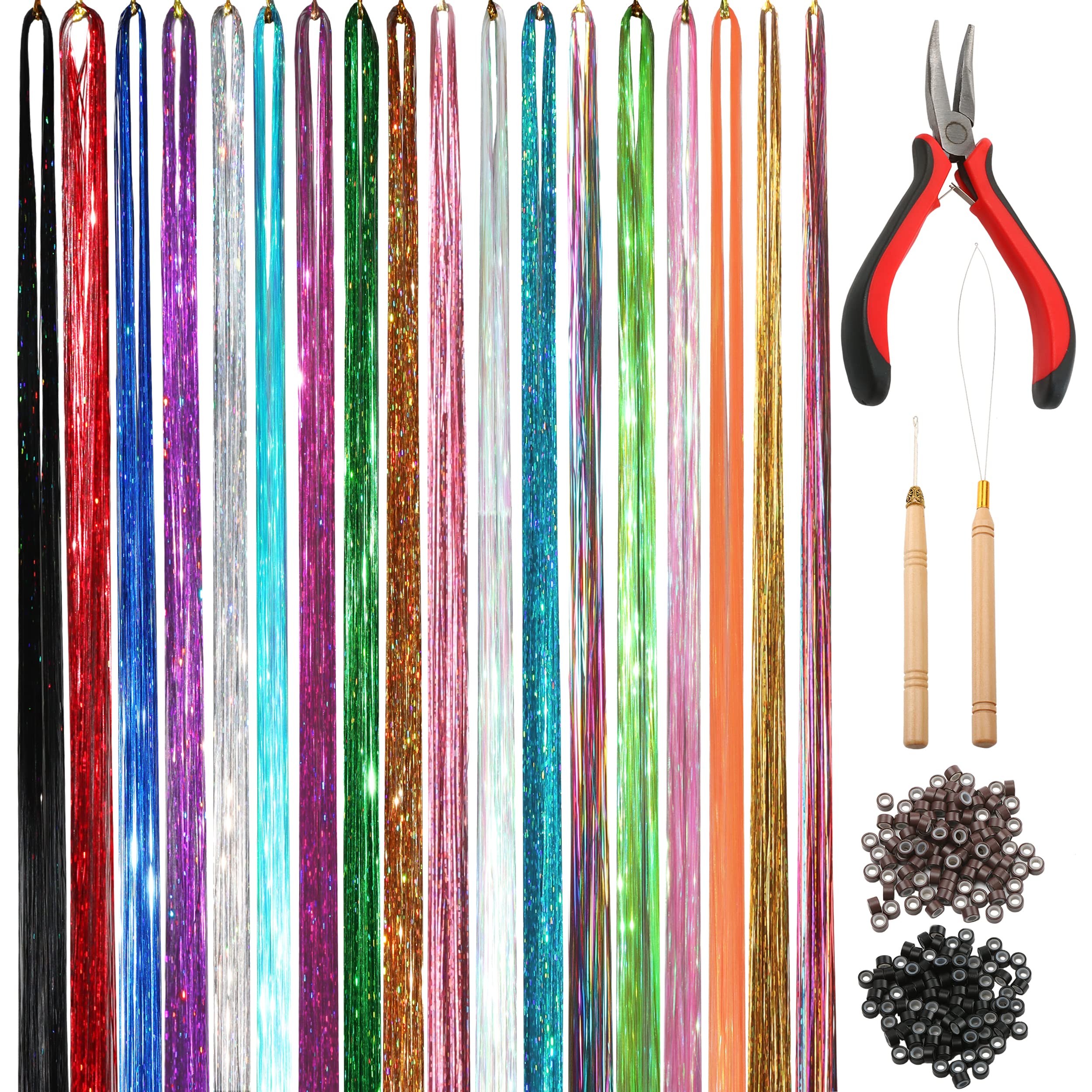 NIACONN 18 Colors Hair Tinsel Kit, 48 Inch 3900 Strands Glitter Tinsel Hair Extensions for Women, Fairy Hair Tinsel for Christmas New Year Halloween Cosplay Party