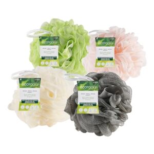 EcoTools Delicate EcoPouf 4 Pack, Loofah Sponge for Bath & Shower, Recycled Netting, Gentle Exfoliation, Pouf for Body Wash, Eco-Friendly Bath Accessory, Cruelty-Free, Color May Vary, (60g Each)