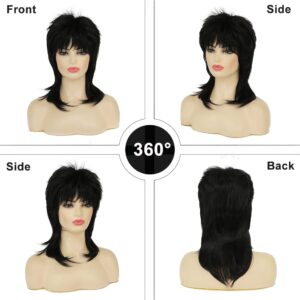 Amnenl Mullet Wig for Women Black Wig Shoulder Length Shaggy Layered Wig Curly 80s Wig Heat Resistant Cosplay Daily Hair Wigs (Black)