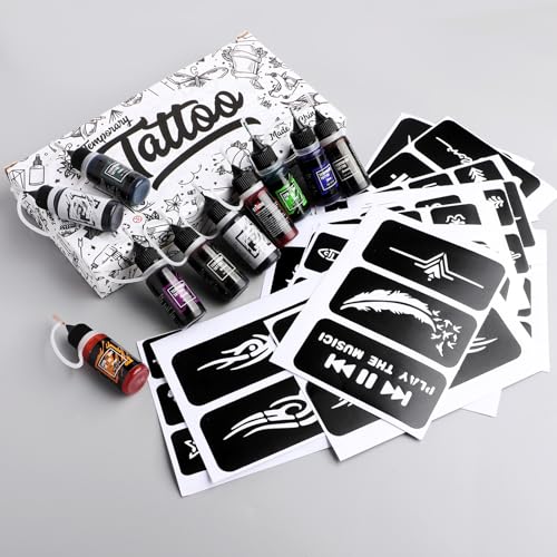 STIGMA Temporary Tattoo Kit 10 Bottles Color Inks, 84 Pcs Stencils Kit for Body Paint DIY Tattoos Temp, (Black, Cyan, Red, Green, Blue, Purple, Brown, Orange,Yellow,Grey)