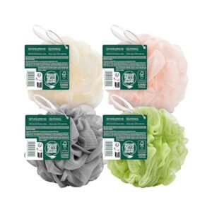 EcoTools Delicate EcoPouf 4 Pack, Loofah Sponge for Bath & Shower, Recycled Netting, Gentle Exfoliation, Pouf for Body Wash, Eco-Friendly Bath Accessory, Cruelty-Free, Color May Vary, (60g Each)