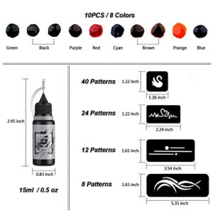 STIGMA Temporary Tattoo Kit 10 Bottles Color Inks, 84 Pcs Stencils Kit for Body Paint DIY Tattoos Temp, (Black, Cyan, Red, Green, Blue, Purple, Brown, Orange,Yellow,Grey)