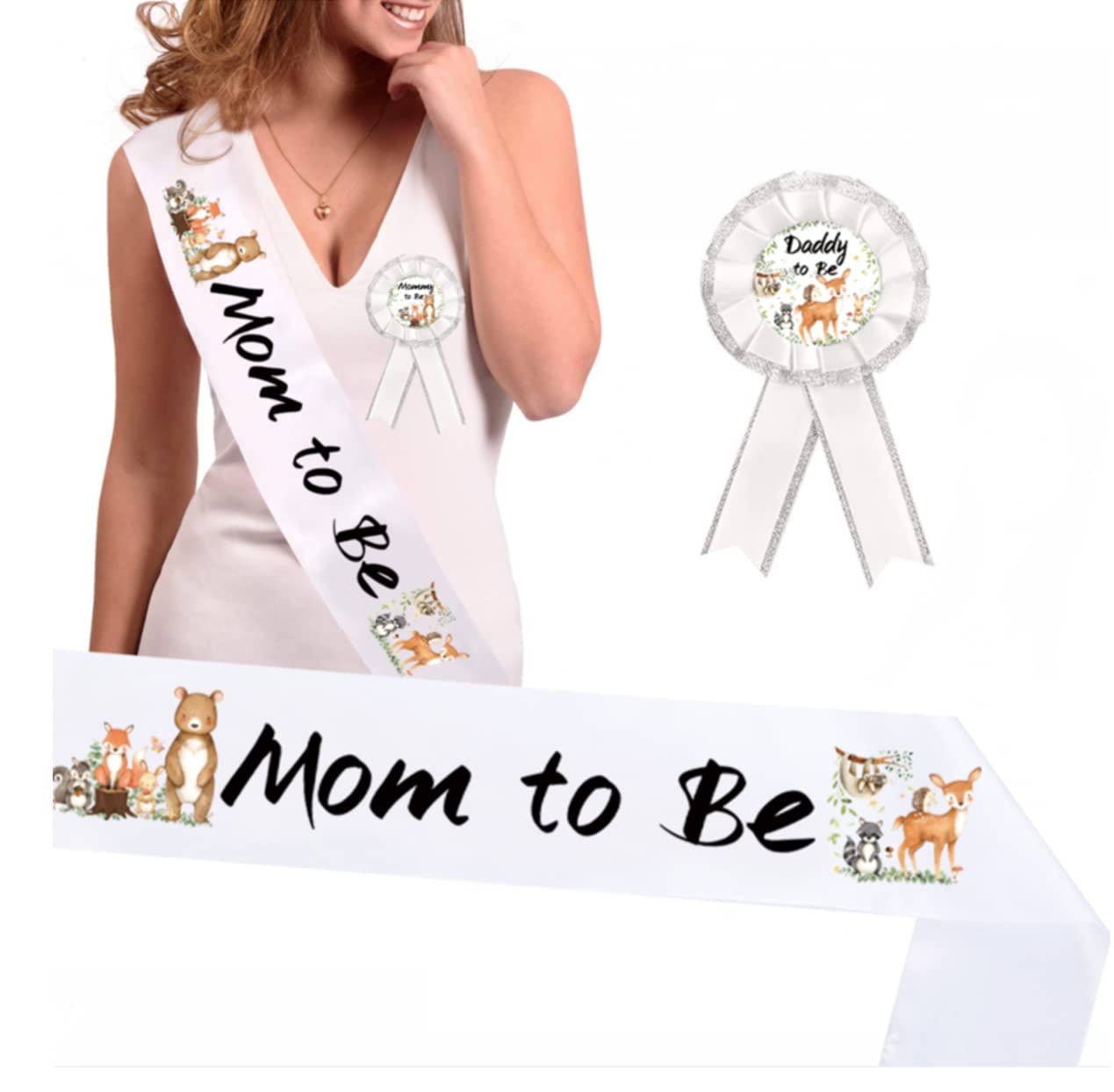 AICHENGZI Woodland Creatures Baby Shower Sash Mom to Be & Daddy To Be Corsage Party Decorations