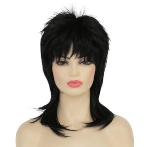 amnenl mullet wig for women black wig shoulder length shaggy layered wig curly 80s wig heat resistant cosplay daily hair wigs (black)