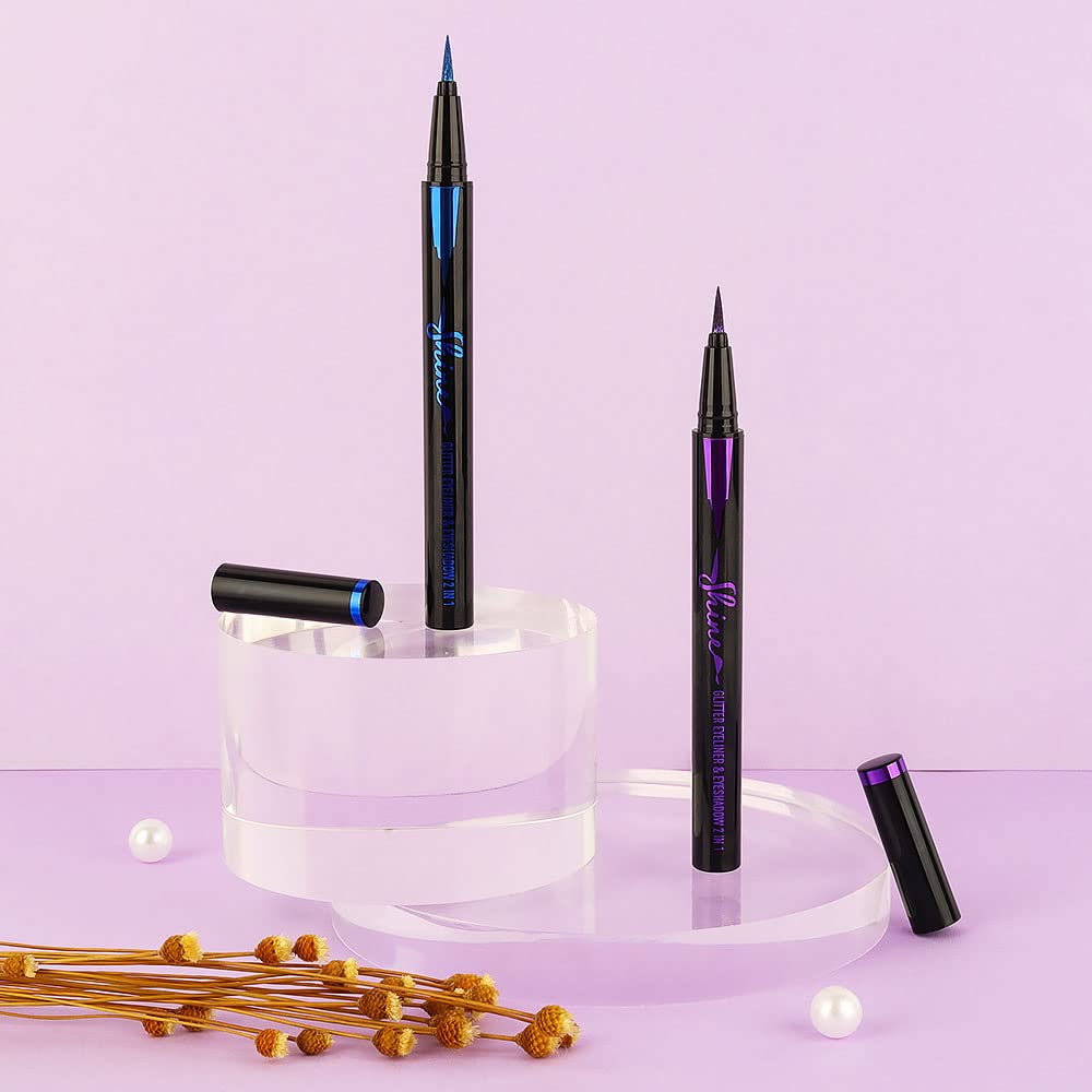 evpct 2Pcs Metallic Royal Blue & Purple Glitter Glittering Diamond Liquid Eyeliner Eye Makeup Pencil Set, Sparkle Shimmer Colored Eyeliner Pen Waterproof Smudge Proof Long Lasting High Pigmented