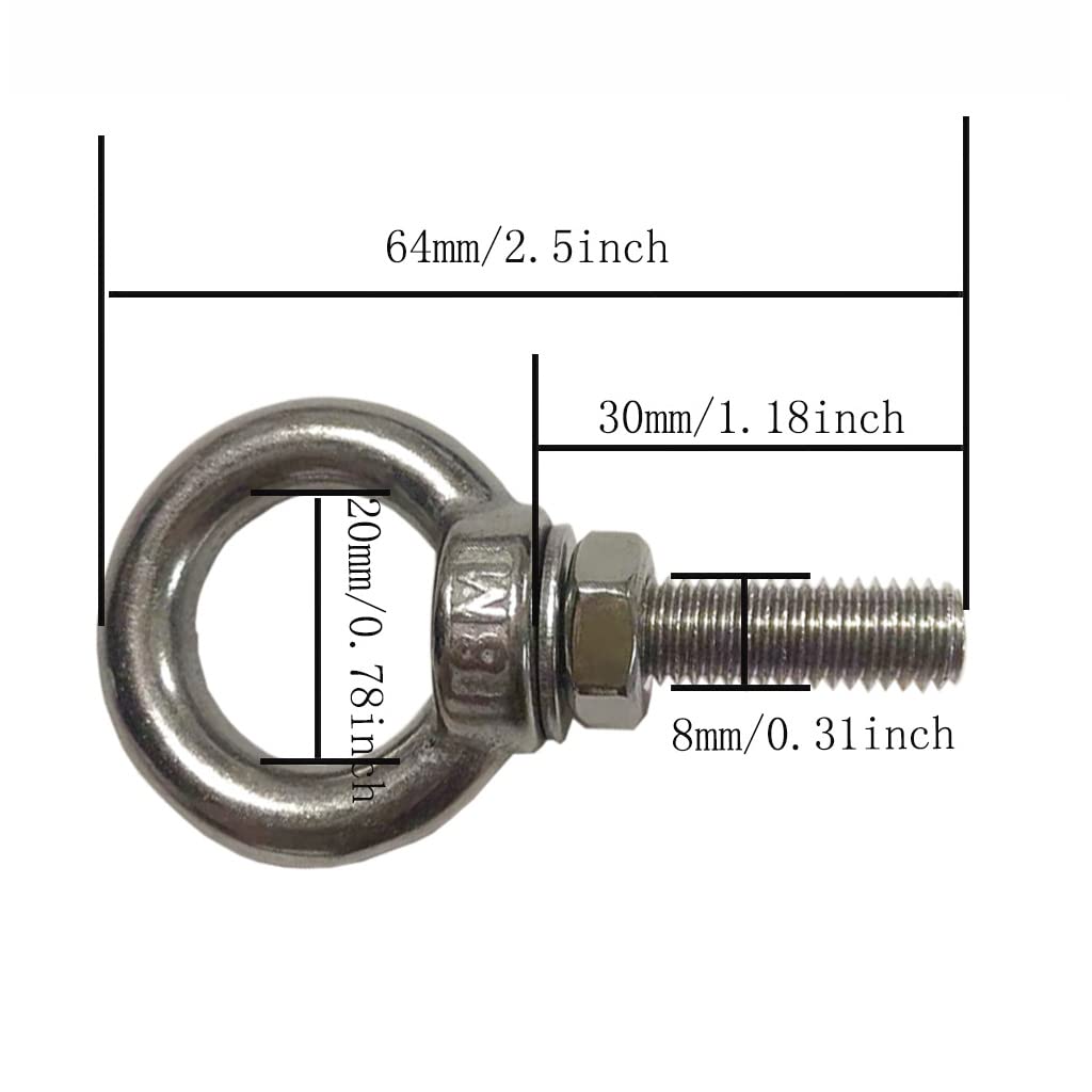 HYXXYY Stainless Steel Eye Bolt, 4 pack M8 Shoulder Eye Bolts 5/16" X 1.18"with Nuts and Washer Thread Lifting Ring Eyebolt (Thread Length 30mm)