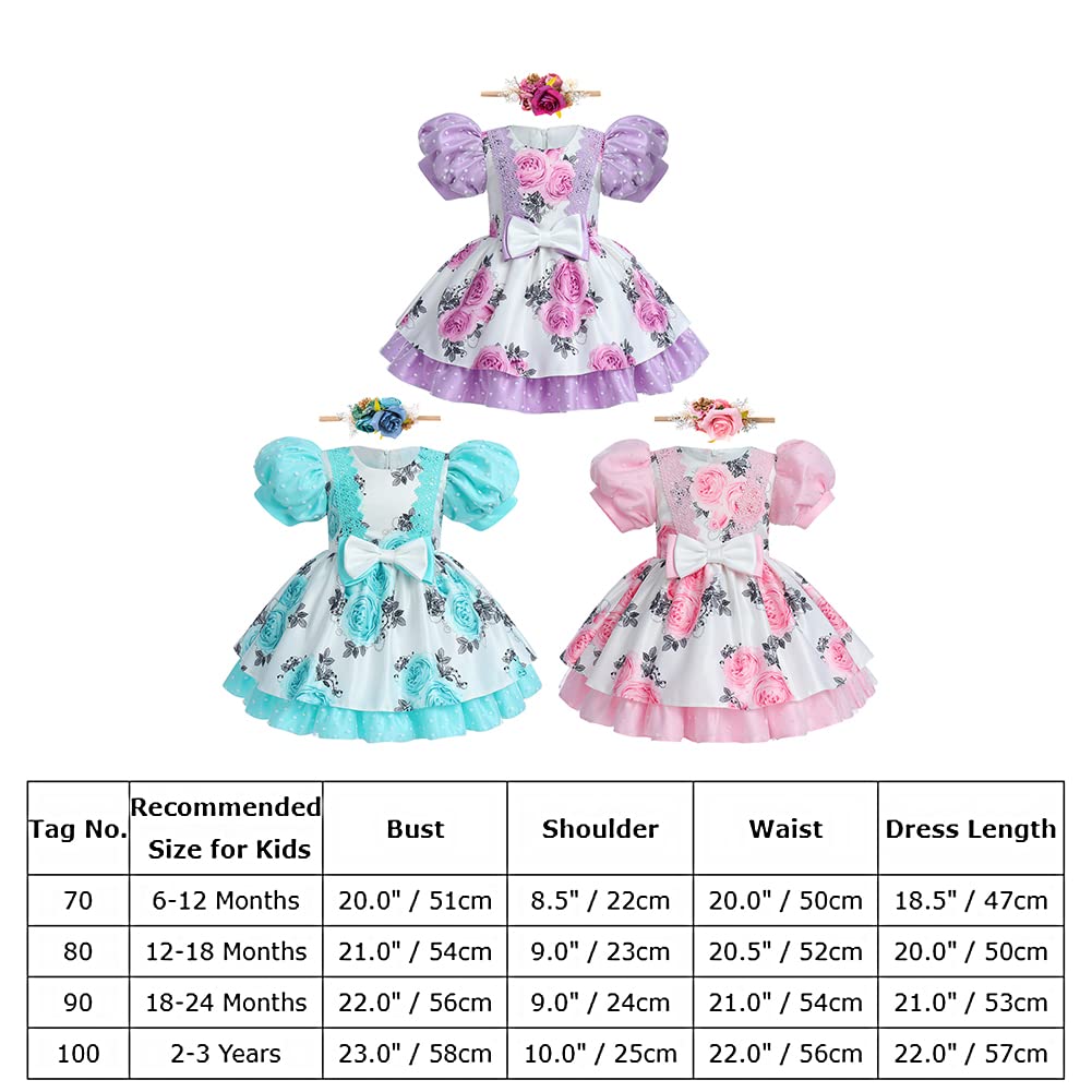 Girls Flower Puff Sleeve Dress 2PCS Pageant Princess Summer Dresses with Floral Headband Front Bowknot Wedding Birthday Dress Up Clothes Baby Girl Christening Baptism Outfits Purple 6-12 Months