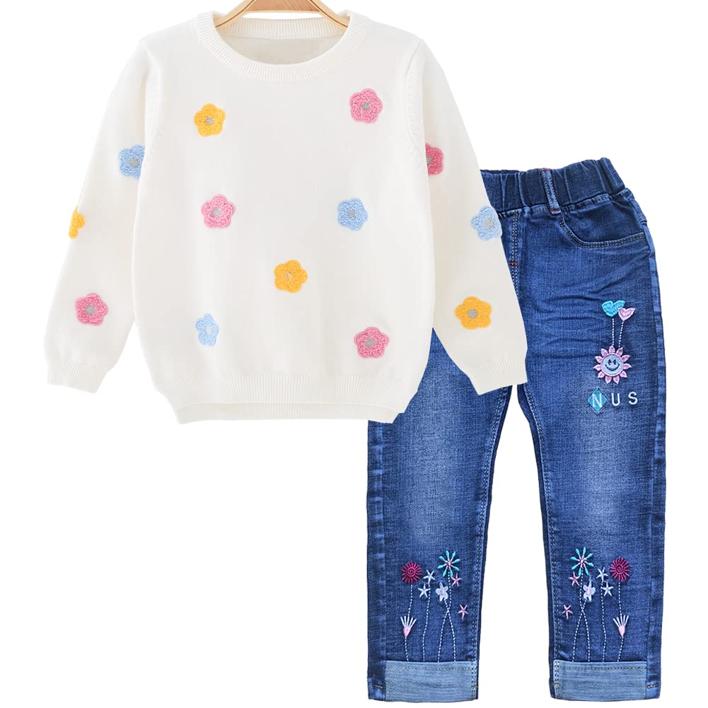 Peacolate 3-7Years Little Baby Girls Pants Set 2pcs Cotton Sweater and Embroidered Bootcut Jeans(white flower,6Years)