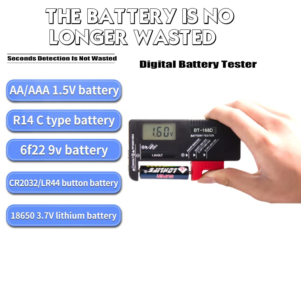 AMZQWE Battery Testers,Universal Digital Battery Tester for AAA,AA,C,D,9V,1.5V,3.7V Small Button Cell,Battery Tester Volt Checker for All Household Batteries, Black