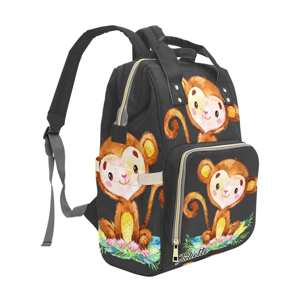 Cute Monkey Black Personalized Diaper Backpack with Name,Custom Travel DayPack for Nappy Mommy Nursing Baby Bag One Size