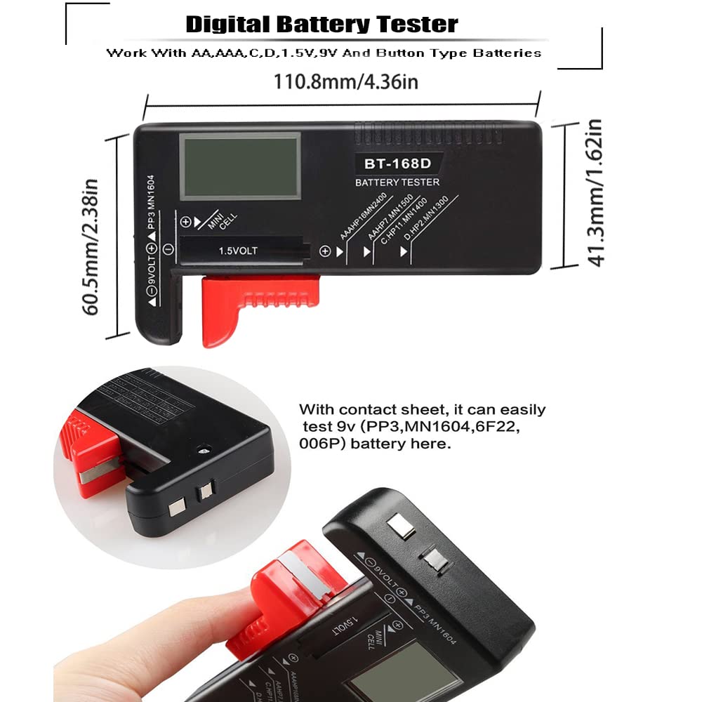 AMZQWE Battery Testers,Universal Digital Battery Tester for AAA,AA,C,D,9V,1.5V,3.7V Small Button Cell,Battery Tester Volt Checker for All Household Batteries, Black