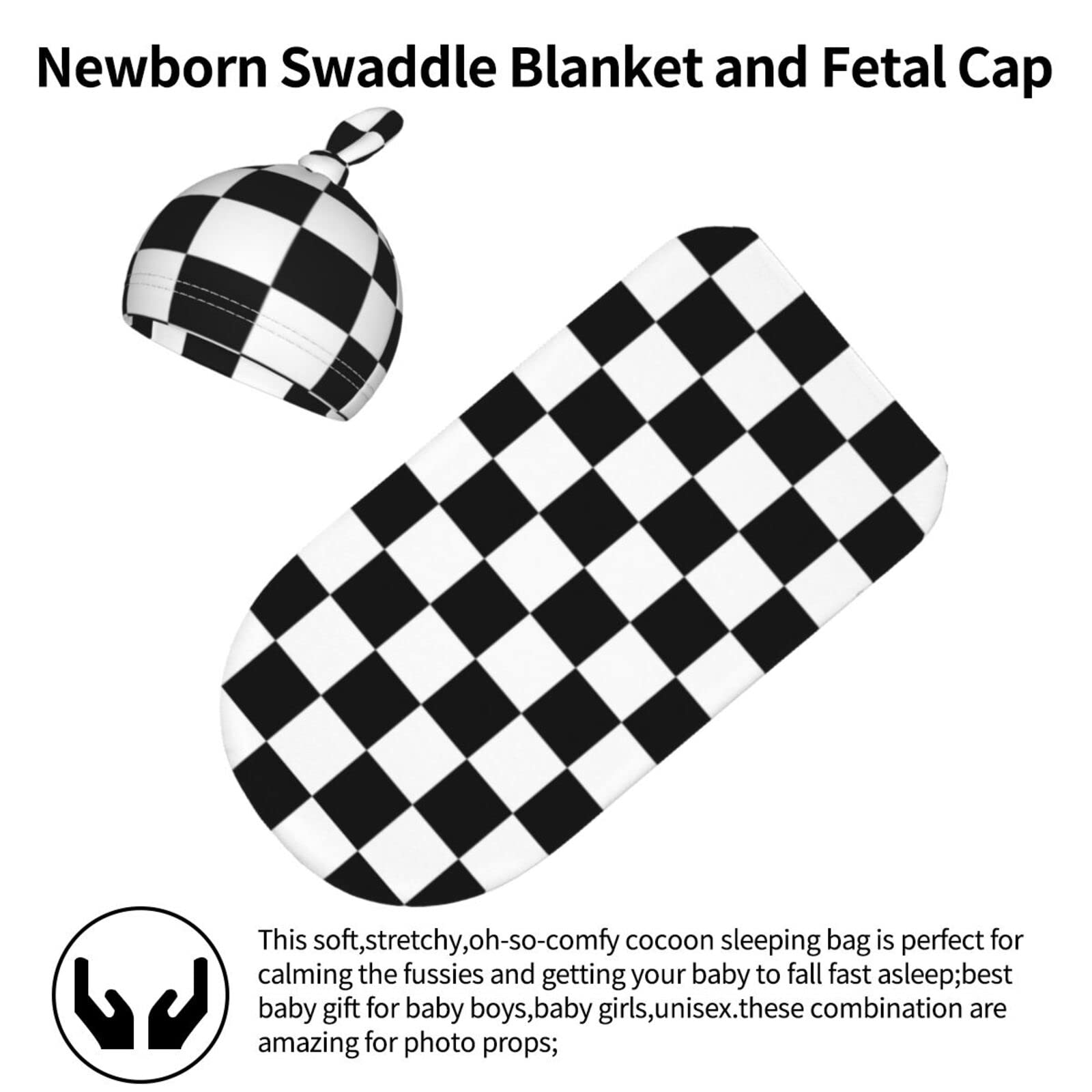 Ykklima Baby Newborn Swaddle Blanket with Beanie Hat- Black White Race Checkered Flag Pattern Receiving Blanket Sleep Sack for Girls Boys Infant Gifts