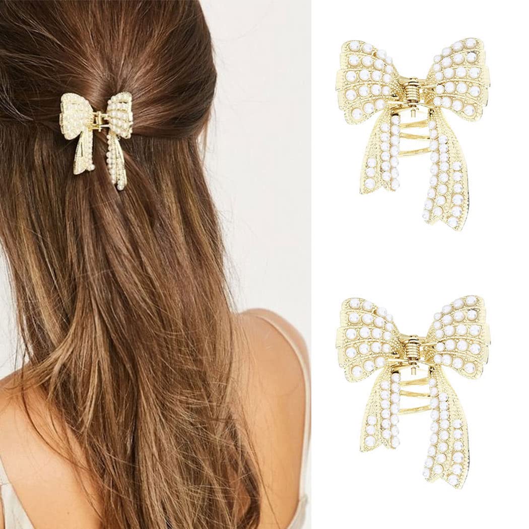 Brinie Pearl Hair Claw Clamps Gold Metal Hair Claw Clips Bowknot Hair Styling Clips Non Slip Jaw Hair Clamps Hair Accessories for Women and Girls (Pack of 2)