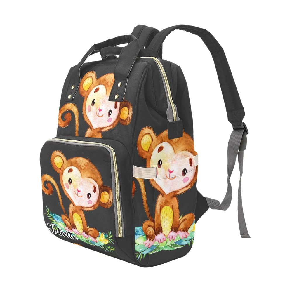 Cute Monkey Black Personalized Diaper Backpack with Name,Custom Travel DayPack for Nappy Mommy Nursing Baby Bag One Size