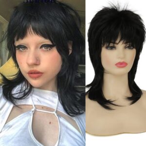 Amnenl Mullet Wig for Women Black Wig Shoulder Length Shaggy Layered Wig Curly 80s Wig Heat Resistant Cosplay Daily Hair Wigs (Black)