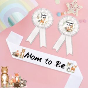 AICHENGZI Woodland Creatures Baby Shower Sash Mom to Be & Daddy To Be Corsage Party Decorations