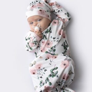 Giggle Angel Newborn Baby Sleeper Gown Knotted Gown Baby Girl Coming Home Outfits 2-Piece Gown and Hat Set 0-3 Months (pinkleaf)