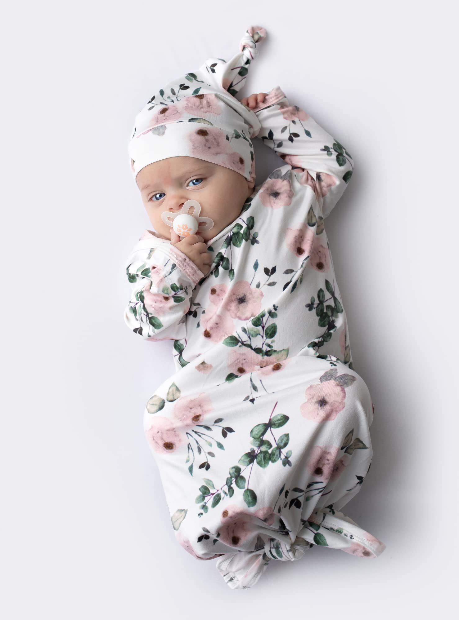 Giggle Angel Newborn Baby Sleeper Gown Knotted Gown Baby Girl Coming Home Outfits 2-Piece Gown and Hat Set 0-3 Months (pinkleaf)