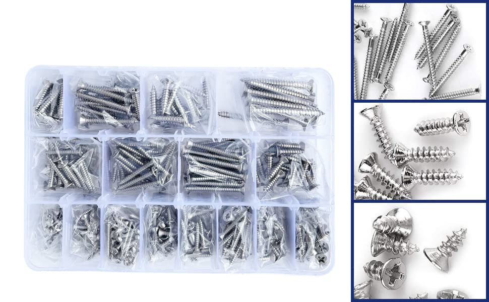 RUIQING 460Pcs 304 Stainless Steel Flat Head Phillips Wood Screws Set, Self-Tapping Sheet Metal Screws Assortment Set Contains #4#6#8#10#12