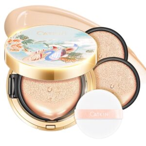 catkin blossom bb cream air cushion foundation natural coverage moist glowy finish breathable face makeup with 2 refills beige (c02 medium beige)