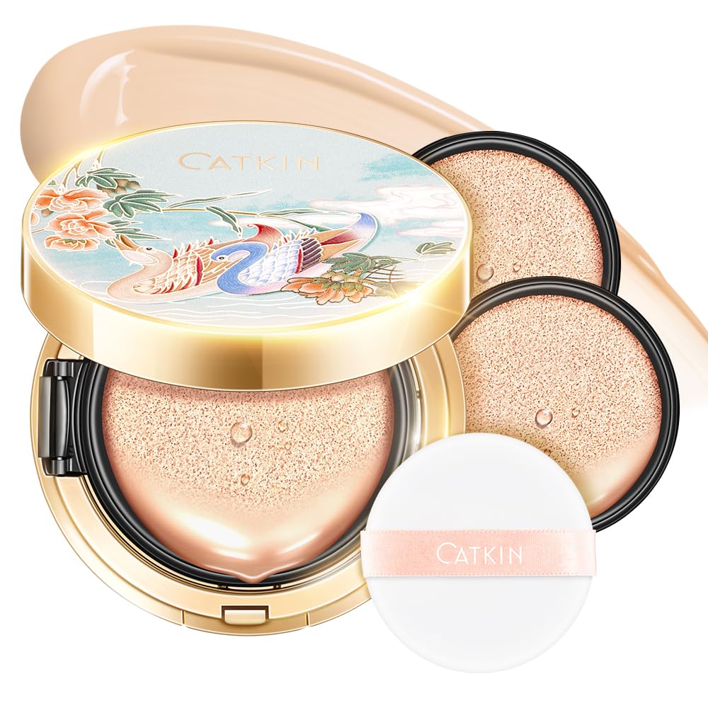 Catkin Blossom BB Cream Air Cushion Foundation Natural Coverage Moist Glowy Finish Breathable Face Makeup with 2 Refills Beige (C02 Medium Beige)