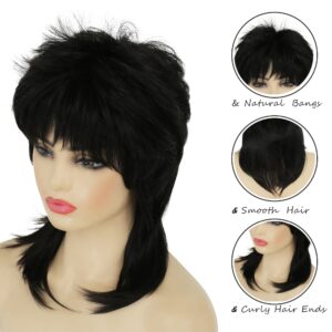 Amnenl Mullet Wig for Women Black Wig Shoulder Length Shaggy Layered Wig Curly 80s Wig Heat Resistant Cosplay Daily Hair Wigs (Black)