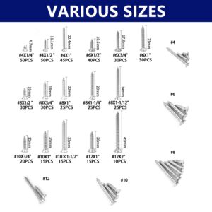 RUIQING 460Pcs 304 Stainless Steel Flat Head Phillips Wood Screws Set, Self-Tapping Sheet Metal Screws Assortment Set Contains #4#6#8#10#12