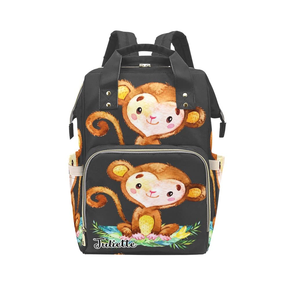 Cute Monkey Black Personalized Diaper Backpack with Name,Custom Travel DayPack for Nappy Mommy Nursing Baby Bag One Size