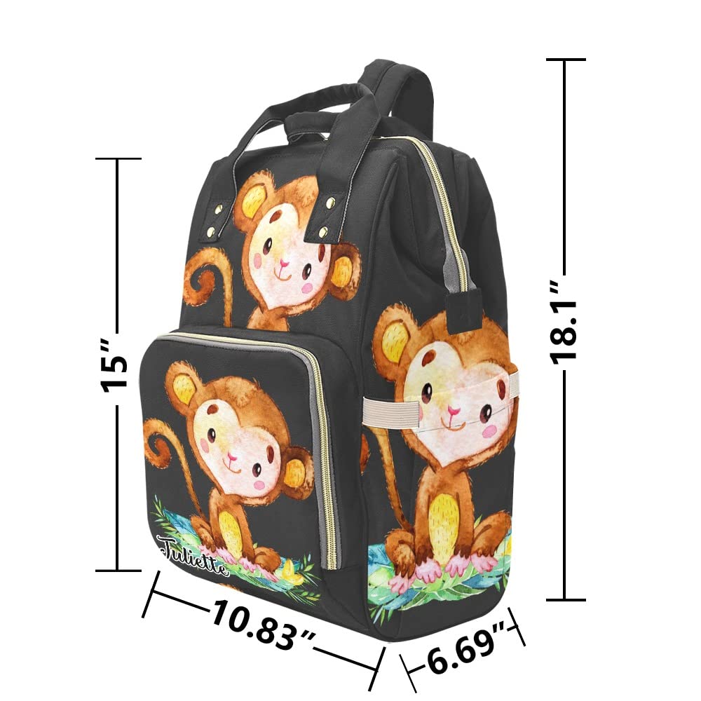 Cute Monkey Black Personalized Diaper Backpack with Name,Custom Travel DayPack for Nappy Mommy Nursing Baby Bag One Size