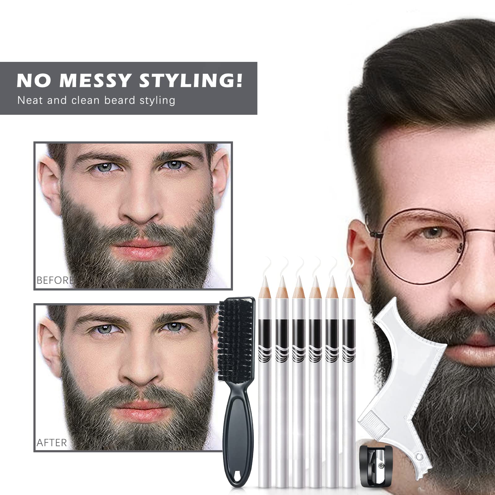 NewBang 8 Pieces White Barber Pencil Set Edge Hairline Razor Trace Pencils Beard Guide Beard Hairline Outliner and Beard Shaping Pencils(6pcs Barber Pencils with Built-in Sharpener,Brush and Ruler)