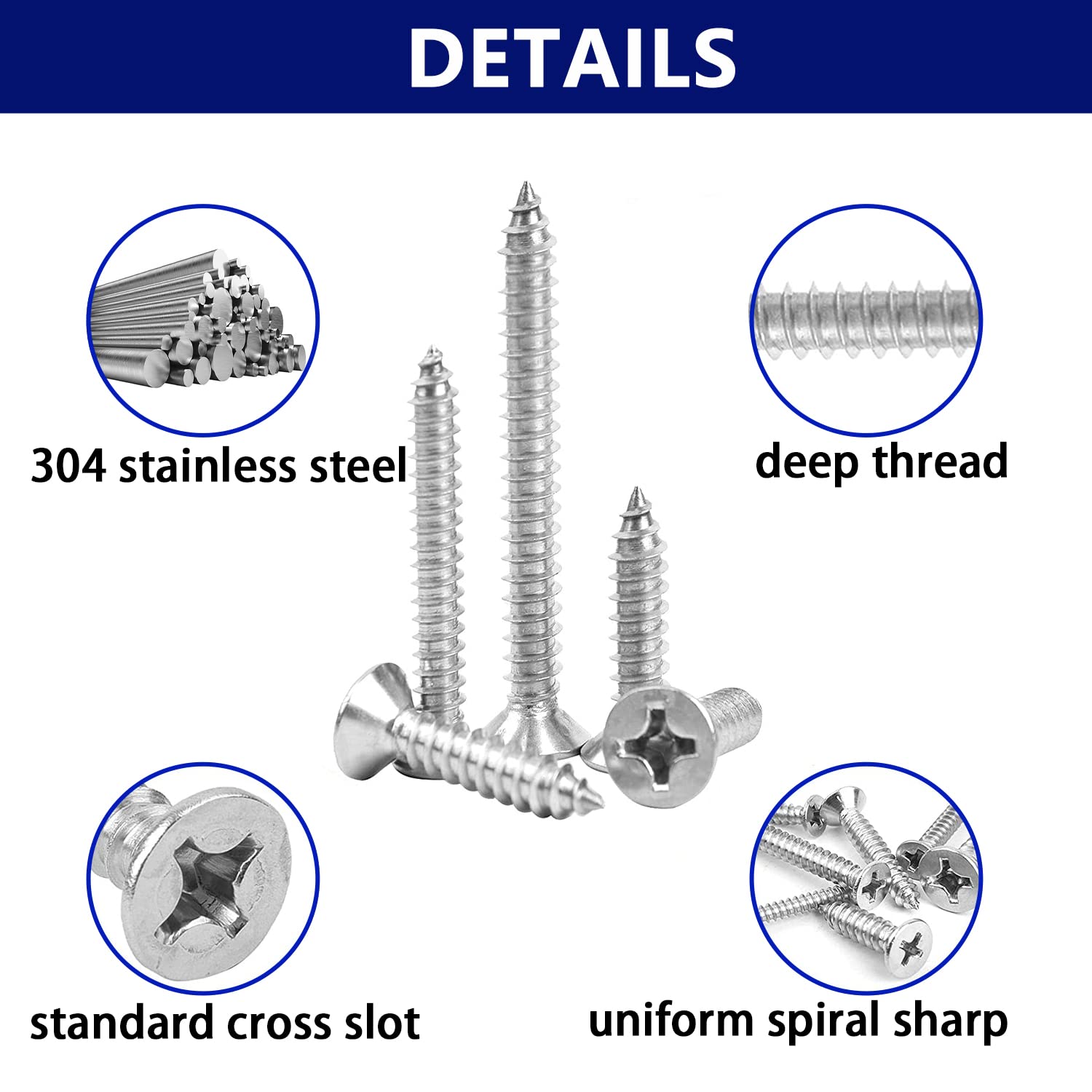 RUIQING 460Pcs 304 Stainless Steel Flat Head Phillips Wood Screws Set, Self-Tapping Sheet Metal Screws Assortment Set Contains #4#6#8#10#12