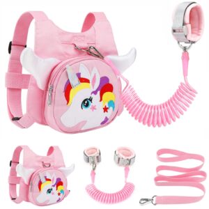 toddler leash harness + anti lost wrist link, accmor unicorn kids leash harness wrist leashes, child walking harness wristband assistant strap belt for baby girls (light pink)